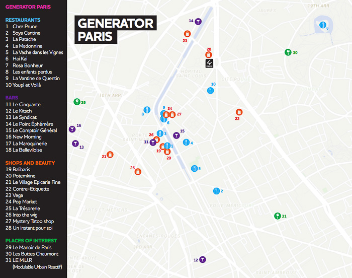 Generator Paris - Carte des points d'intérêt du quartier fournie aux clients de l'hostel