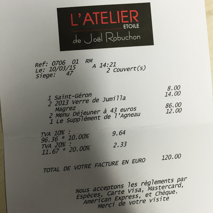 Atelier Etoile de Joel Robuchon - L’addition