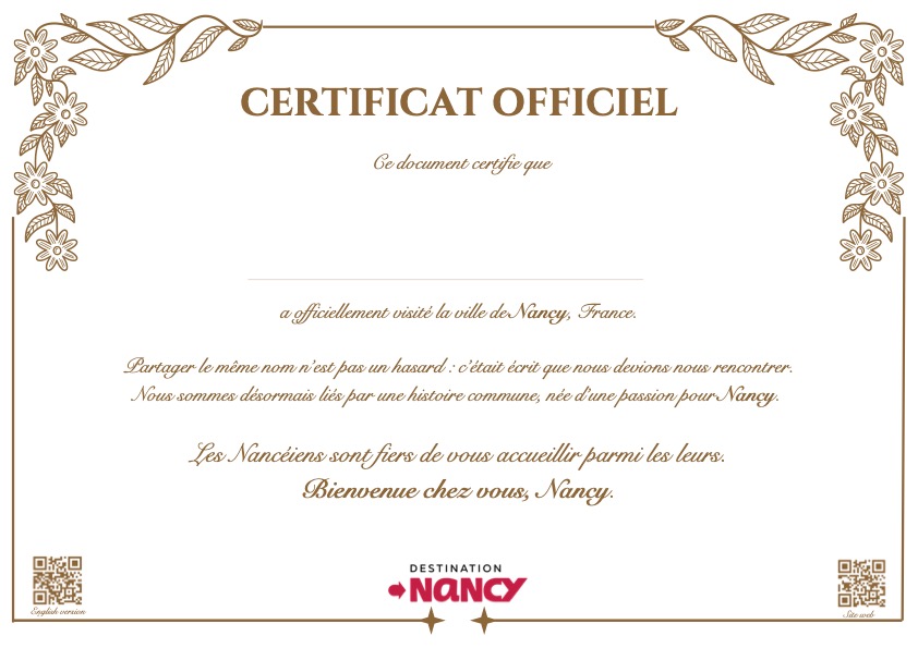 Le certificat Officiel de Nancy © Office de Tourisme Métropolitain