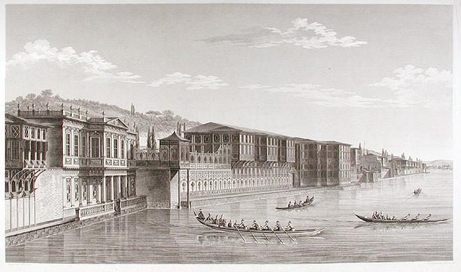 Une vue du palais Hatice Sultan à Ortaköy par A.-I. Melling, comme celles qui décorent les couloirs de l’hôtel,