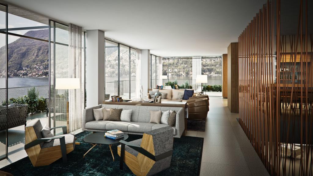 Le lobby fait partie des nombreux espaces où les hôtes d’Il Sereno sont invités à se relaxer et à contempler les vues sur le lac de Côme
