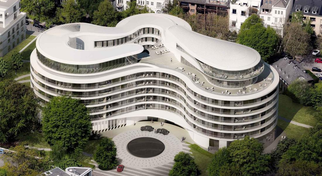 Une vue aérienne permet d’admirer l’architecture tout en courbes de l’établissement