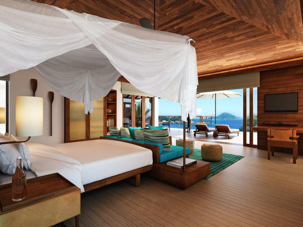 Toutes les villas offrent des vues à couper le souffle sur l’Océan Indien depuis les chambres...
