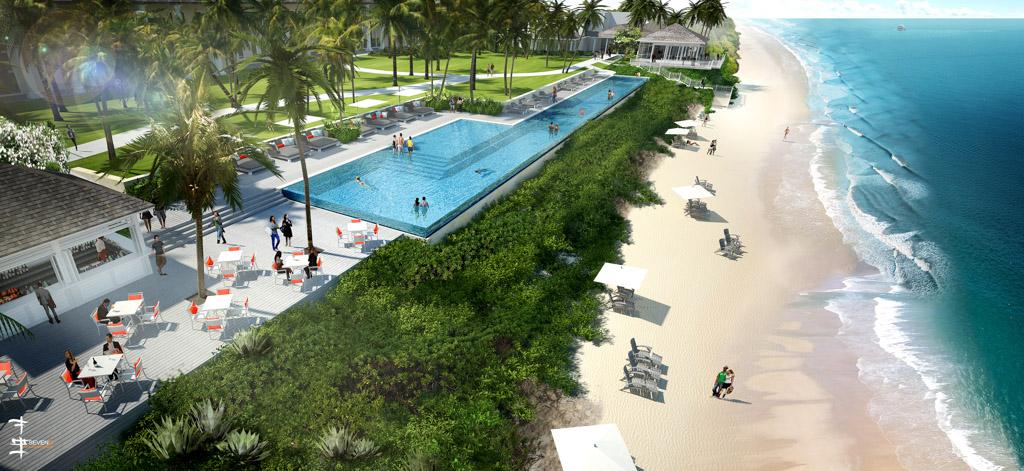 La piscine et son Grille surplombent la plage de sable blanc et l’océan
