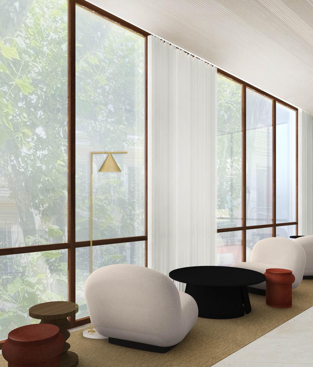 Des fauteuils, des tables basses, un grand canapé s’invitent dans le lobby et dans les chambres. Ils sont signés Pierre Paulin, Charlotte Perriand, Pierre Jeanneret…