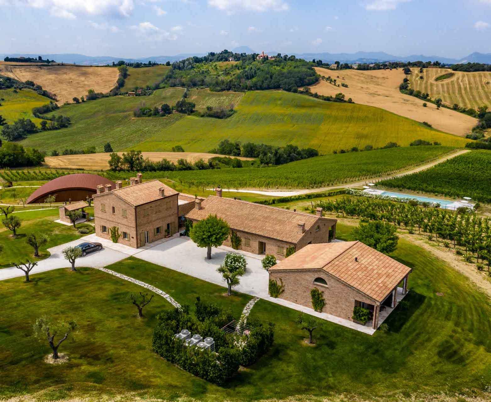 Le domaine Filodivino, son chai et sa piscine entourés de vignes © Filodivino