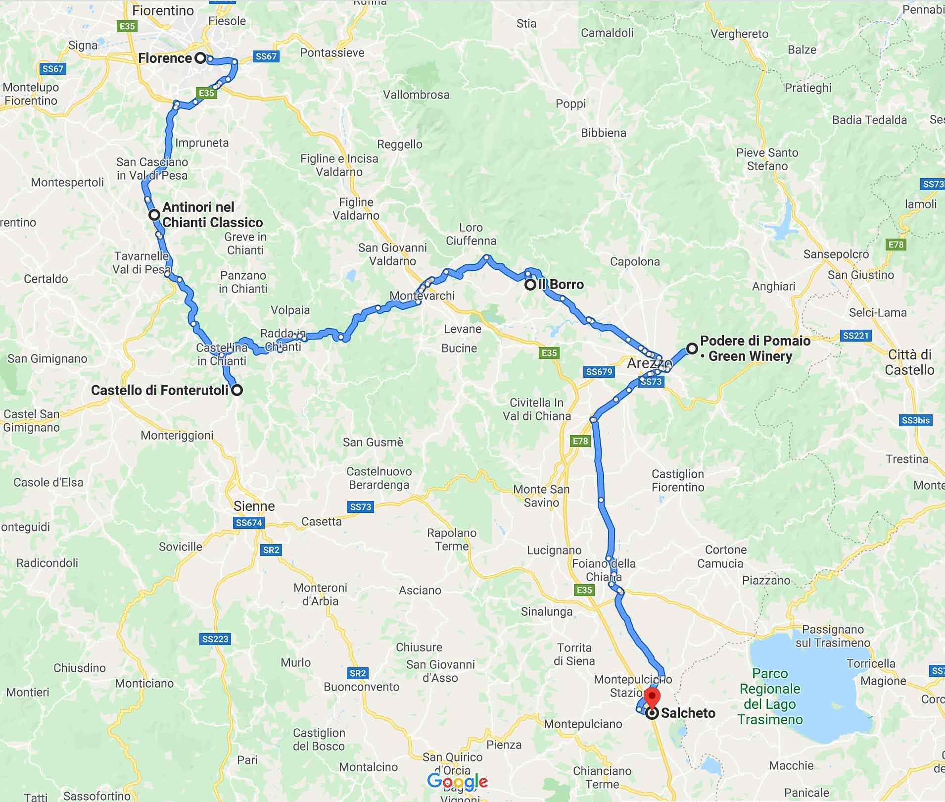 Road trip en Toscane - itinéraire © Google Maps