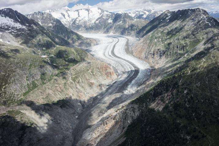 Au premier plan la partie terminale du glacier, en grande partie recouverte de sédiments. La position de la trimline montre les dimensions vertigineuses atteintes par le glacier au milieu du 19e siècle, et le recul tout aussi spectaculaire qui a suivi © DB