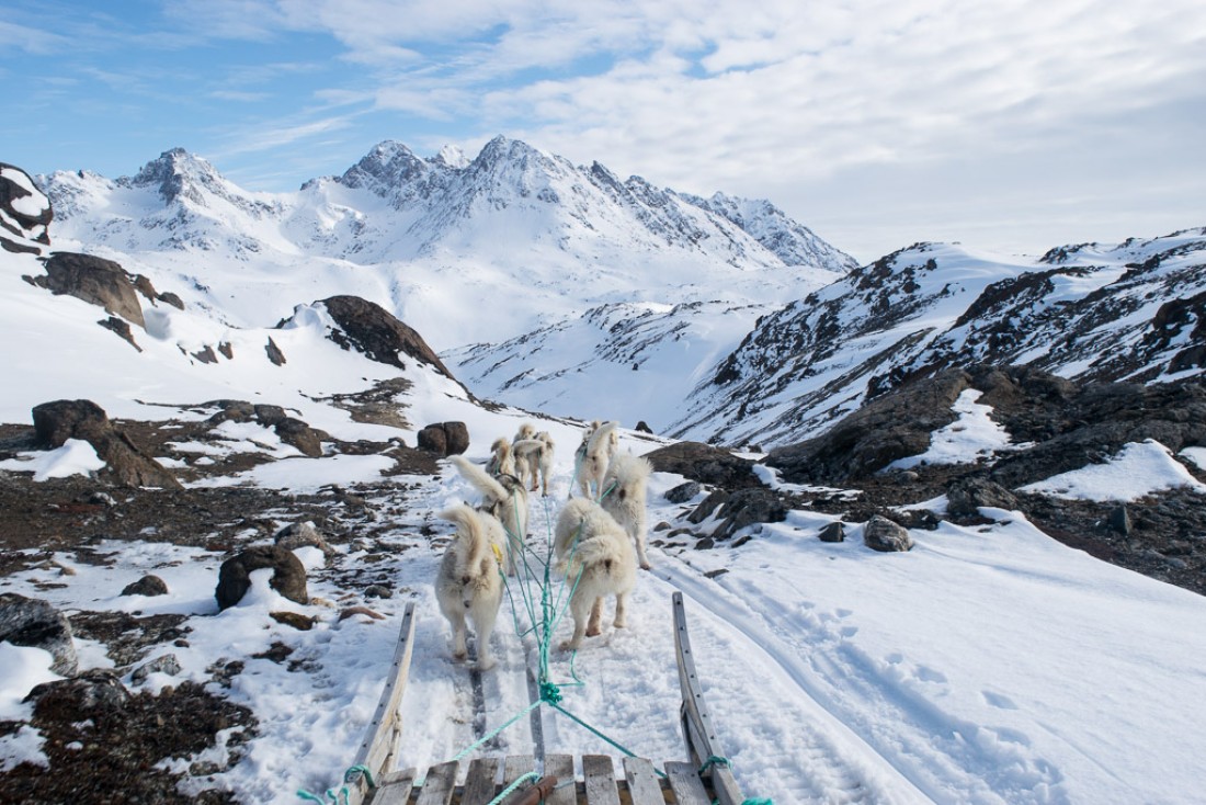 En traineau à chien sur les collines en face de Tasiilaq, de l’autre côté du fjord. 
