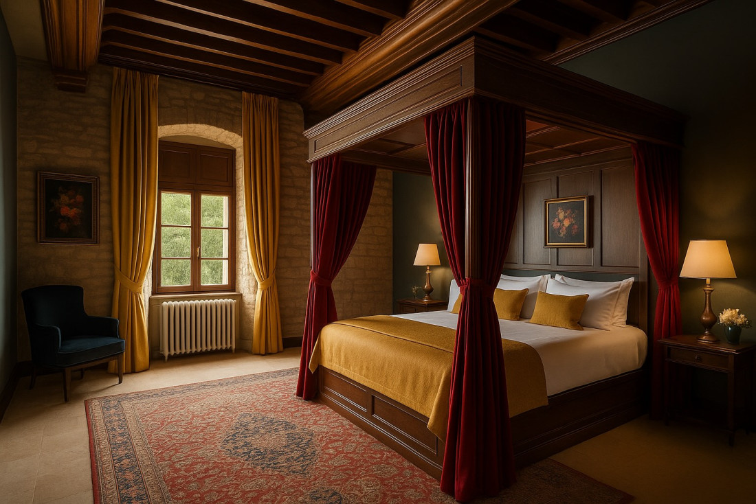 Velours, pierre apparente et plafond à la française pour les chambres de l'aile Est (illustration IA) © DR