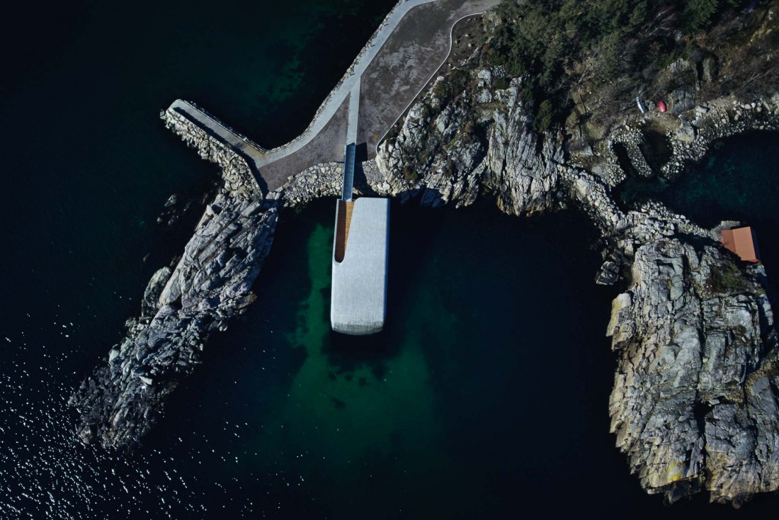 Vue aérienne du restaurant Under à Lindesnes, Norvège © André Martinsen