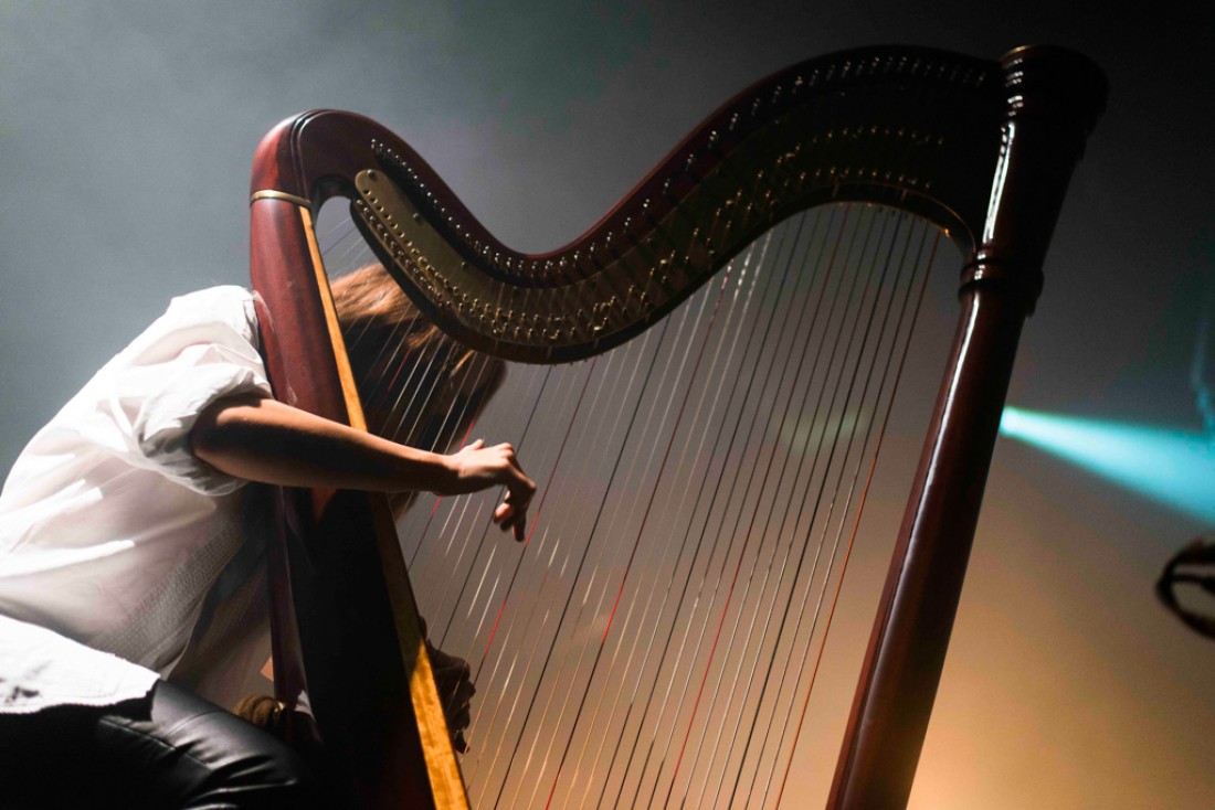 Une harpiste, parmi d'autres musiciens, accompagnait sur scène, David August au Melkweg © ADE