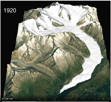 Reconstituion de l'évolution du glacier entre 1880 et 2000 par Jouvet et Huss (2019). 