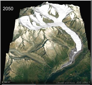Modélisation de l'évolution future du glacier dans le scénario d'une stabilisation des températures au niveau de 1998. 