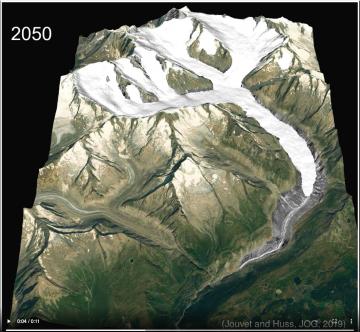 Modélisation de l'évolution future du glacier dans le scénario d'une hausse de 4 à 8 degrés.
