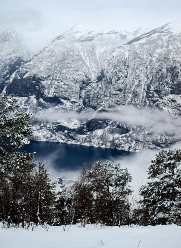 Vue sur l'Aurlandsfjorden pendant la promenade en raquettes © YONDER.fr