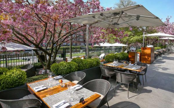 La jolie du terrasse du restaurant Serre, sous les cerisiers (japonais bien sûr) en fleurs | © Hotel Okura Amsterdam